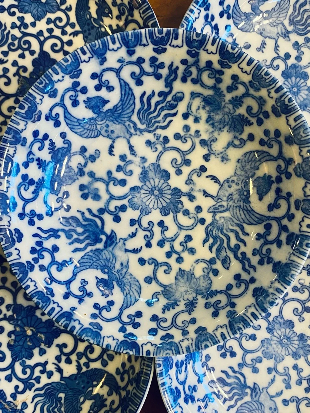 5 VTG Phoenix Bird Chrysanthemum Blue White Japanese Porcelain Berry Bowls
